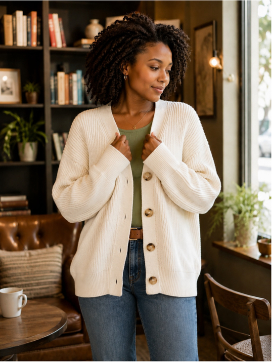 Hudson Sweaters - Hudson Medium Cream Oversized Ribbed Cotton Cardigan Tortoiseshell Button